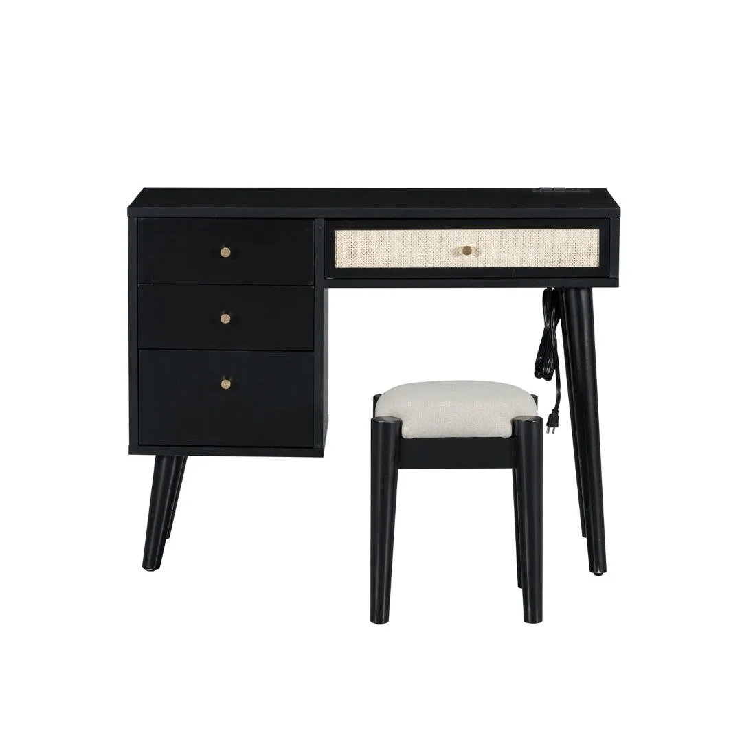 3-Piece Bedroom Set: Full Size Bed Frame, Vintage Nightstand & Makeup Vanity Set with Stool, Black