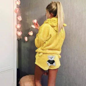 Cute Bear Print Women Hooded with Shorts Women Fluffy Pajama Set