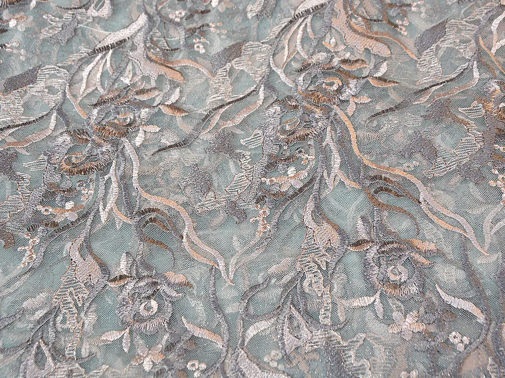 Peach & Bronze Floral Thread Embroidered Glitter Net Fabric